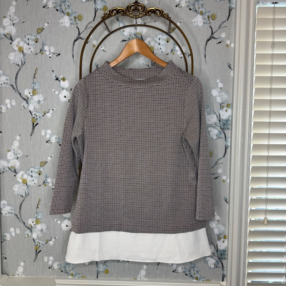 Ann Taylor Houndstooth Mock Neck Tunic Top Brown White Contrast Hem Small